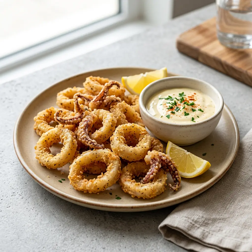Foto av Calamari i airfryer med ferdig tilberedt fisk eller skalldyr