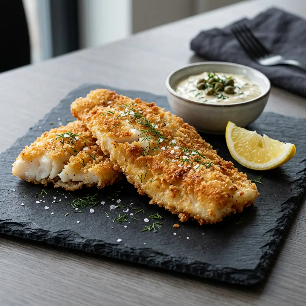 Foto av Fiskefileter i airfryer med ferdig tilberedt fisk eller skalldyr