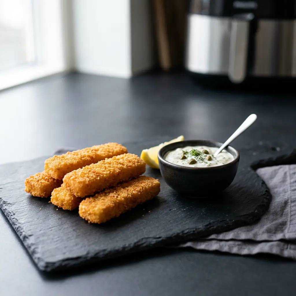 Foto av Frosne fiskepinner i airfryer med ferdig tilberedt fisk eller skalldyr