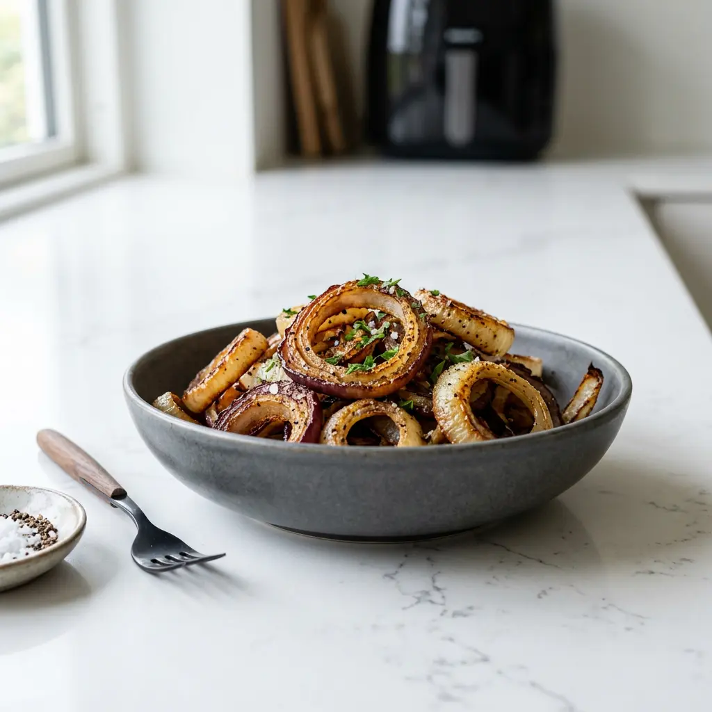 Foto av den ferdige oppskriften Gul løk i airfryer