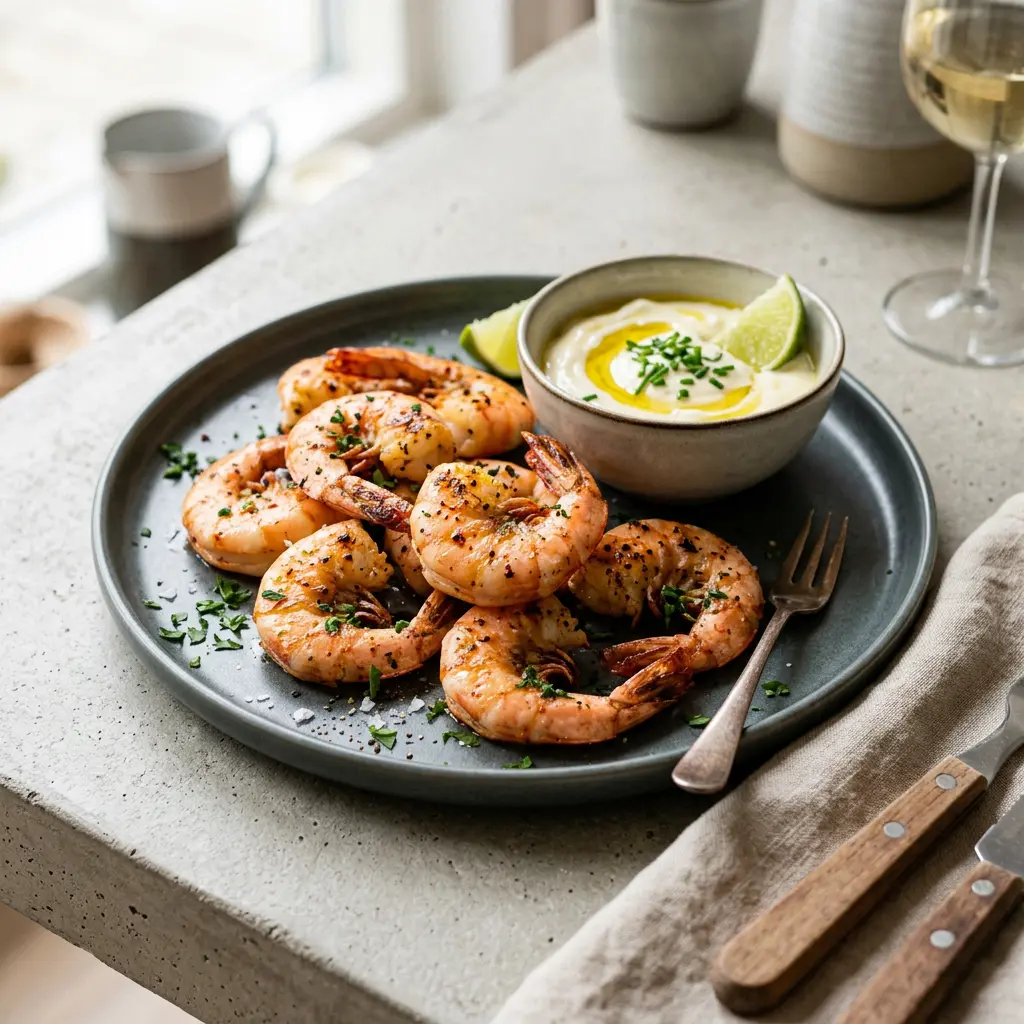 Foto av Kjempereker i airfryer med ferdig tilberedt fisk eller skalldyr