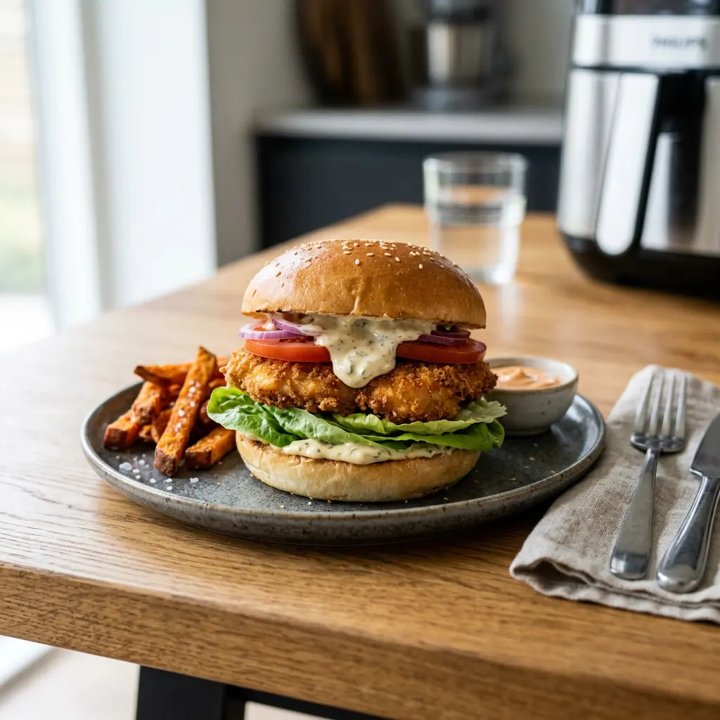 Foto av Kyllingburger i airfryer med ferdig tilberedt fjærkre fra airfryer
