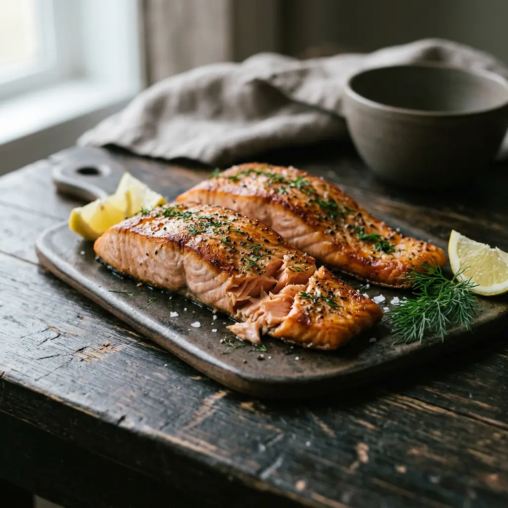 Foto av Laks i airfryer med ferdig tilberedt fisk eller skalldyr