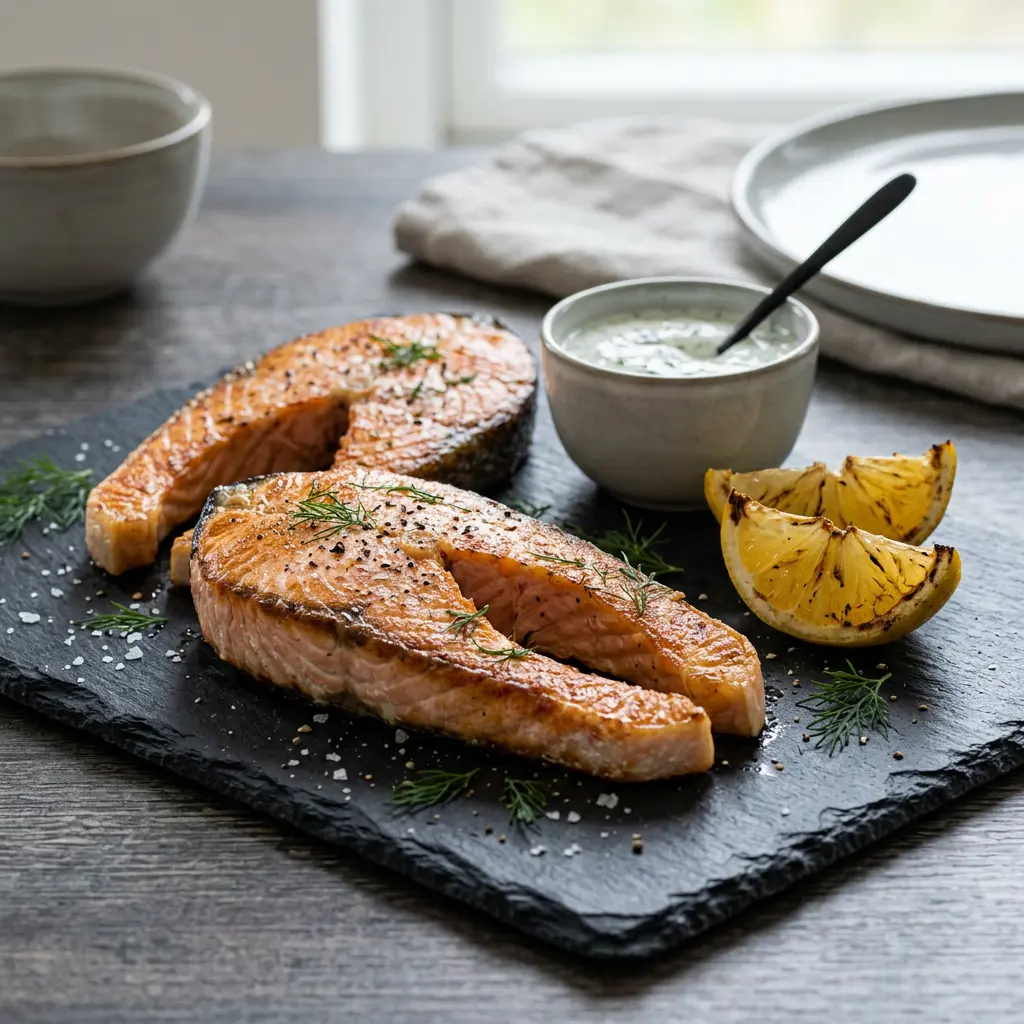 Foto av Lakseskiver i airfryer med ferdig tilberedt fisk eller skalldyr