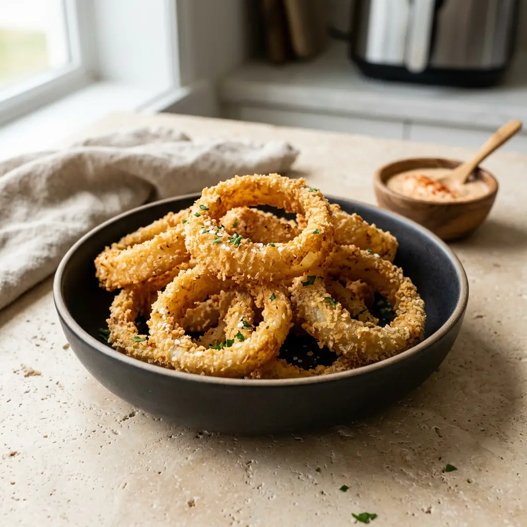 Foto av den ferdige oppskriften Løkringer i airfryer