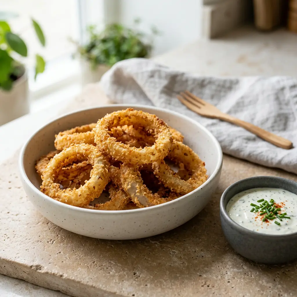 Foto av den ferdige oppskriften Panerte løkringer i airfryer