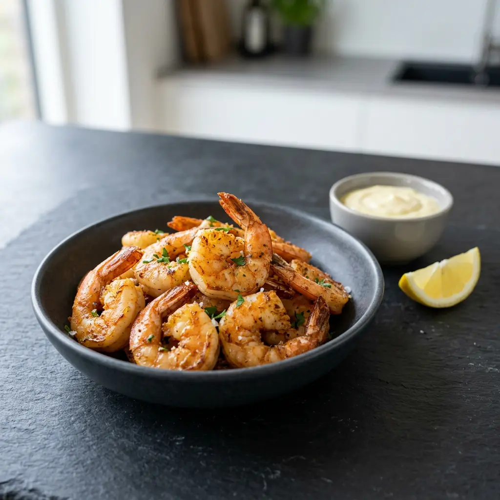Foto av Reker i airfryer med ferdig tilberedt fisk eller skalldyr