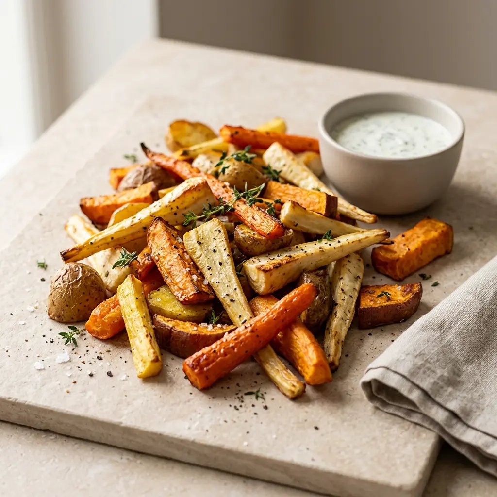 Foto av Rotgrønnsaker i airfryer med grønnsaker tilberedt i airfryer