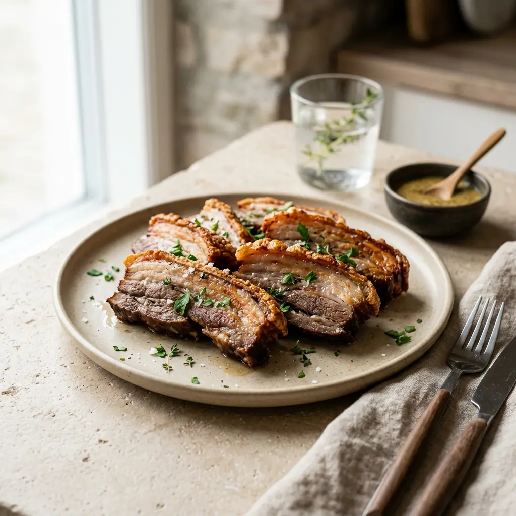 Foto av Svinebryst i airfryer med ferdig tilberedt kjøtt fra airfryer