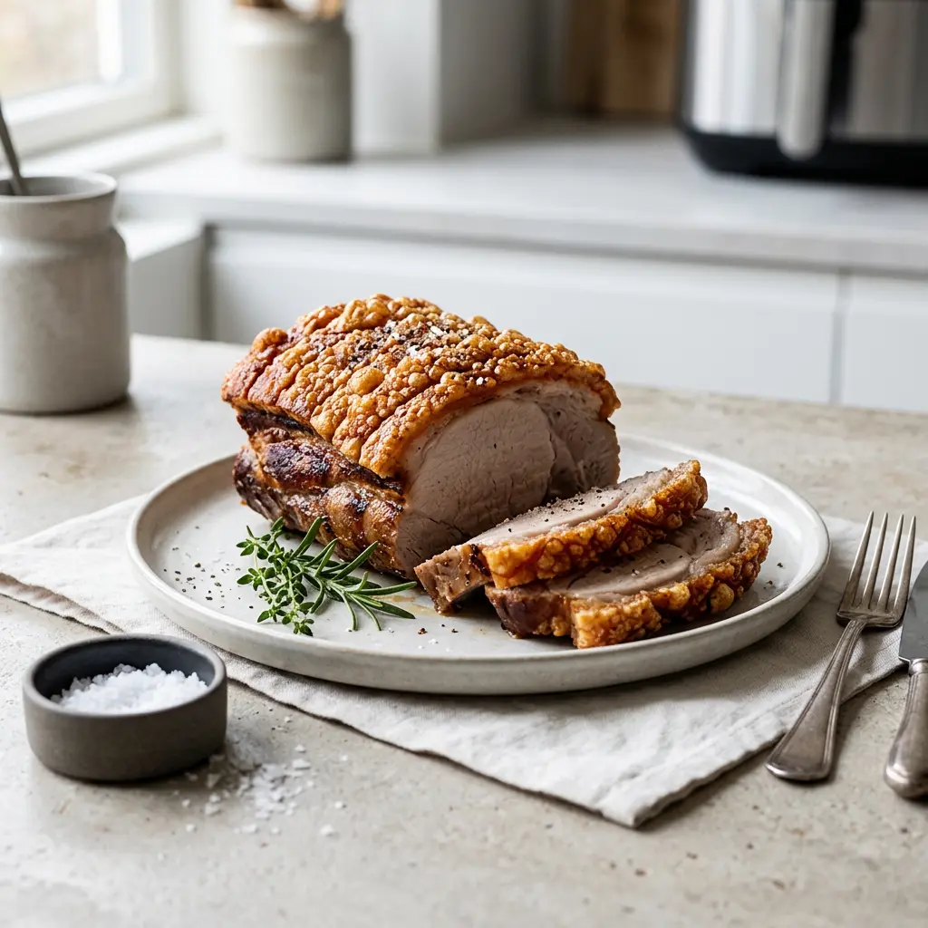 Foto av Svinestek med svor i airfryer med ferdig tilberedt kjøtt fra airfryer