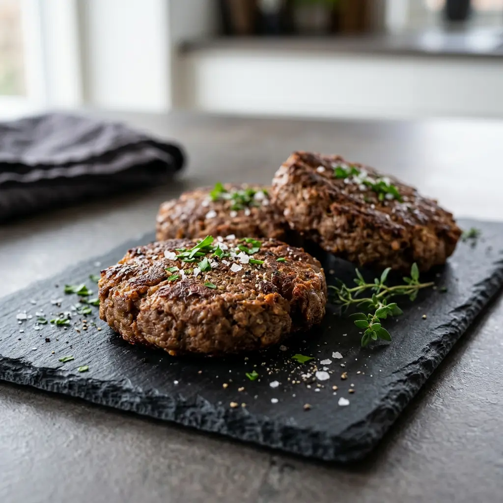 Foto av Vegetarburgerbiffer i airfryer med ferdig tilberedt kjøtt fra airfryer